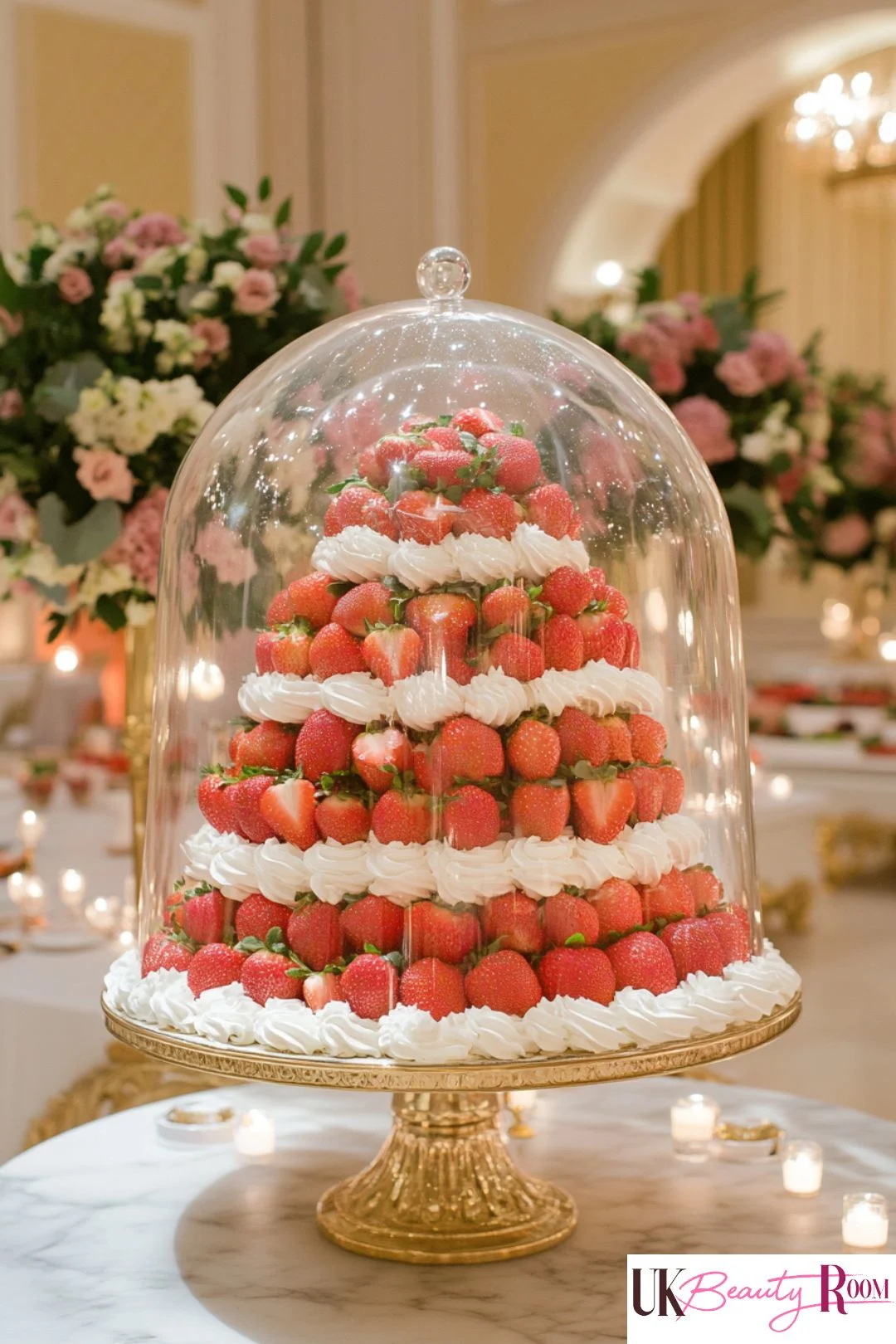 An elegant strawberry tower centerpiece with layers of fresh strawberries and whipped cream, displayed on a gold cake stand under a glass dome at a luxurious event.