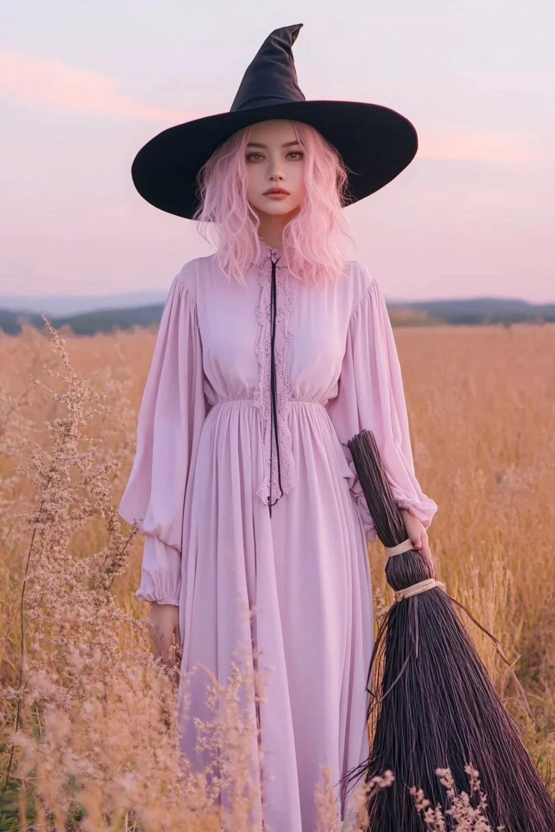 A young woman with soft pink wavy hair stands in a golden field at dusk, wearing a flowing pastel pink dress with delicate lace details. She dons a classic black witch&rsquo;s hat and holds a traditional straw broom in one hand. Her expression is serene and mystical, with subtle makeup that enhances her ethereal appearance. The background features rolling hills and a soft pink sky, complementing the dreamy, modern witch aesthetic.