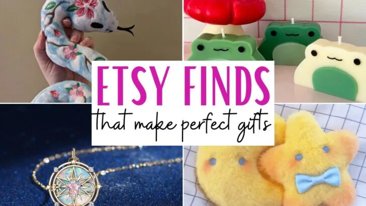 A collage of cute Etsy gift ideas including a cherry blossom snake plush, frog-shaped candles, a celestial star pendant necklace, and a fluffy moon and star plush set, with the text “Etsy Finds That Make Perfect Gifts” in bold pink and black lettering in the center.