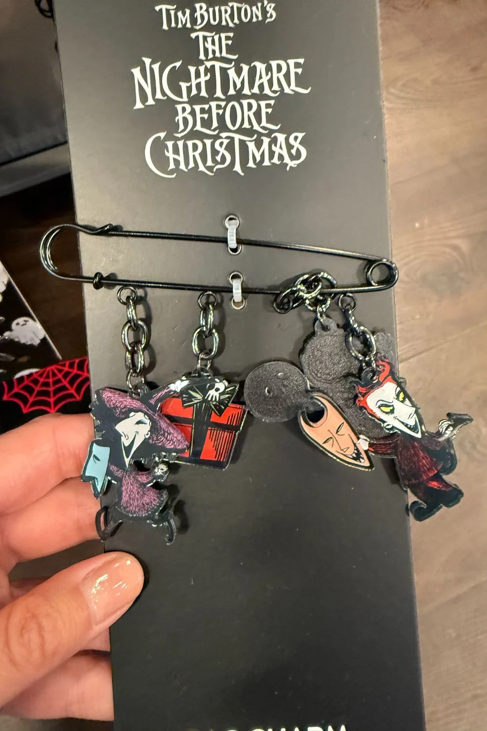 Nightmare Before Christmas Halloween bag charm with Lock, Shock, and Barrel characters.