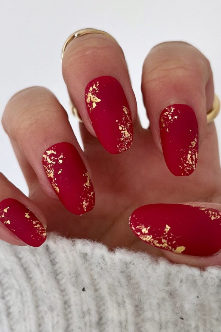 Matte Red and Gold Foil Nails