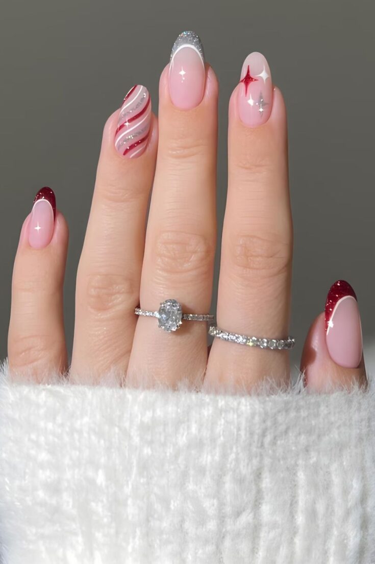 Red Glitter Candy Cane Nails