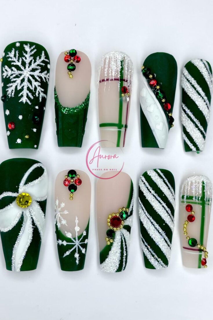 Image for Green Snowflake & Stripe Press-On Nails