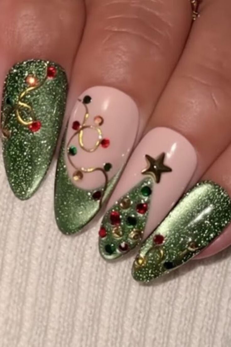 Green Christmas Tree Gem Nails