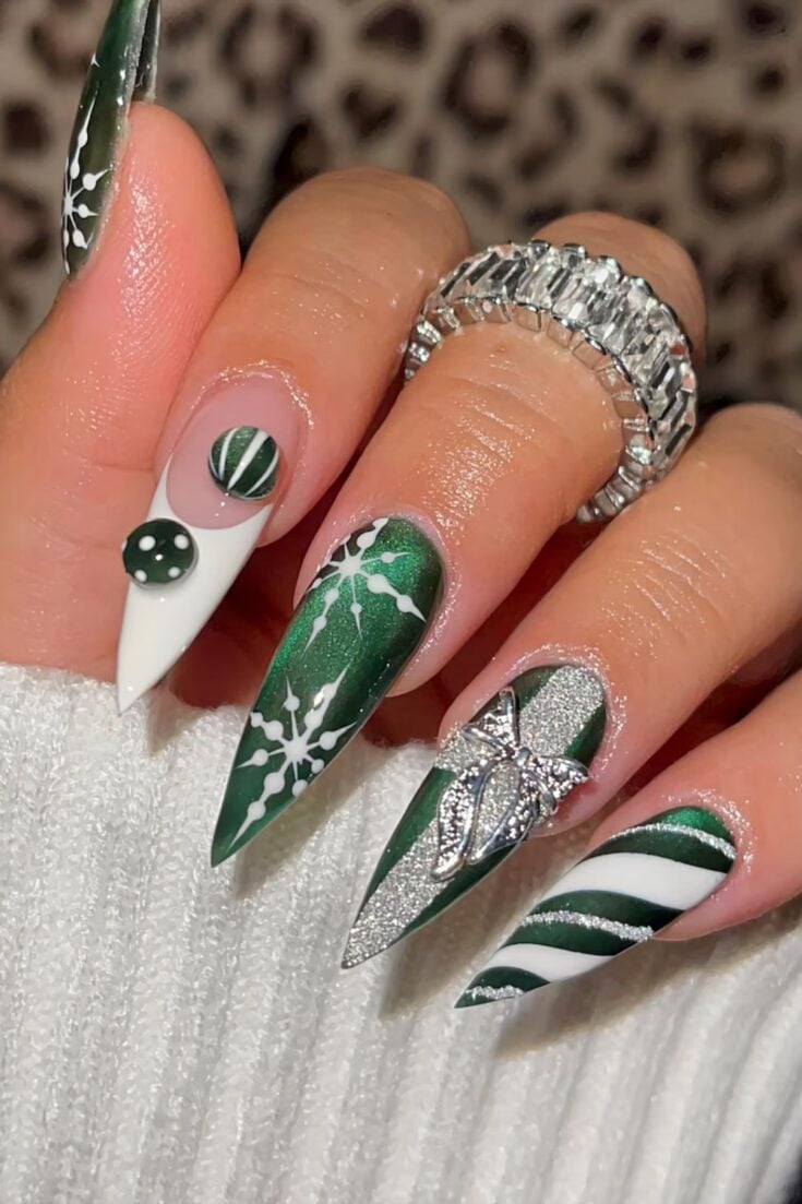 Green Snowflake & Silver Bow Nails