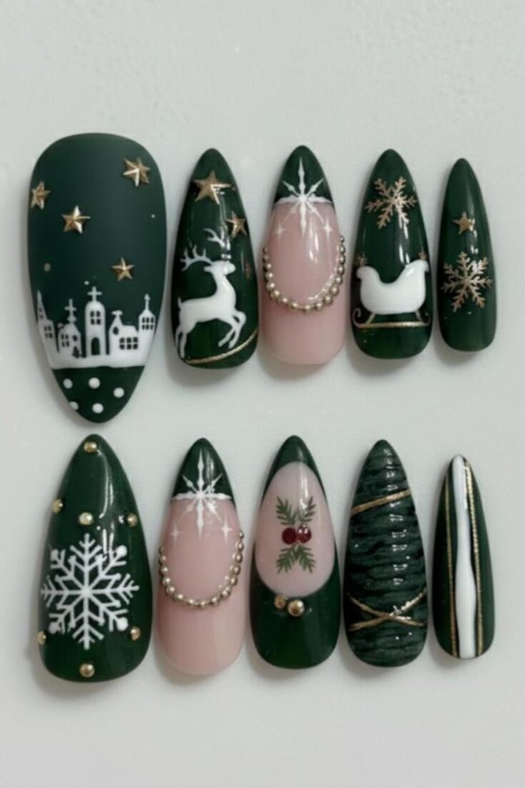 Green Reindeer & Snowflake Press-On Nails