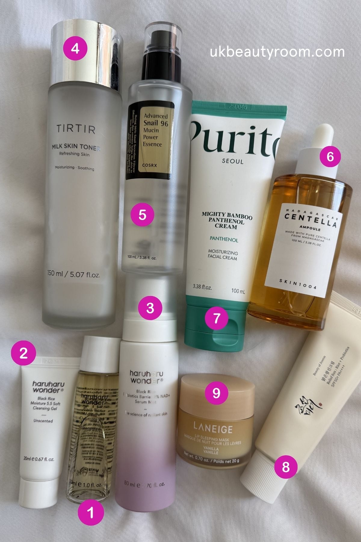 Nine Korean skincare products for dry skin arranged flat lay and numbered in routine order: Haruharu Wonder Black Rice Cleansing Oil and Cleansing Gel, Black Rice Serum Mist, TirTir Milk Skin Toner, COSRX Advanced Snail 96 Mucin Essence, SKIN1004 Madagascar Centella Ampoule, Purito Mighty Bamboo Panthenol Cream, Beauty of Joseon Relief Sun SPF50, and Laneige Lip Sleeping Mask.